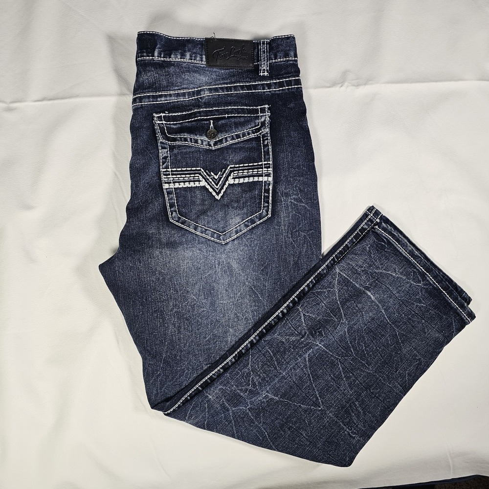 True Luck Jeans Mens 42x30 Dark Wash Straight Bootcut Whiskered Thick Stitch
